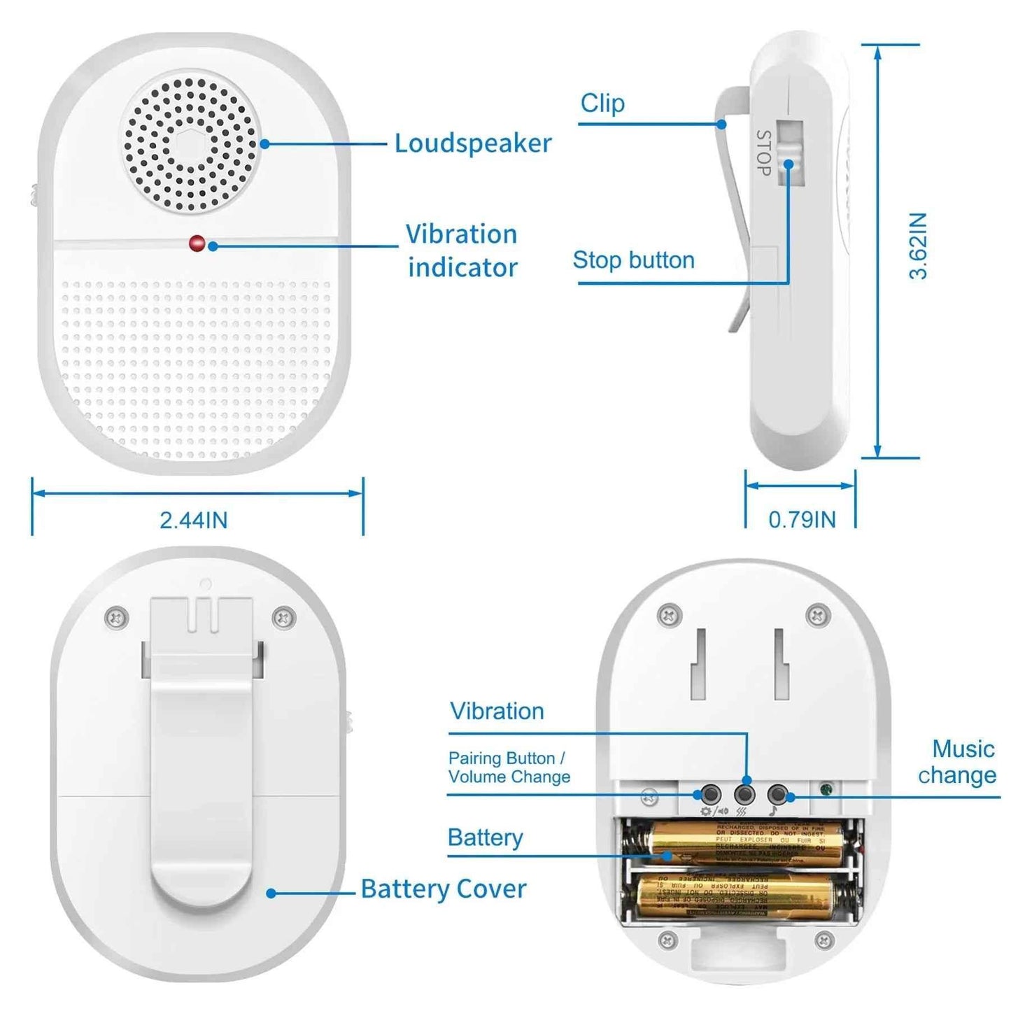 Eldertech wireless caregiver pager with motion sensor alert, showing a compact device with alert indicator and motion detection features.