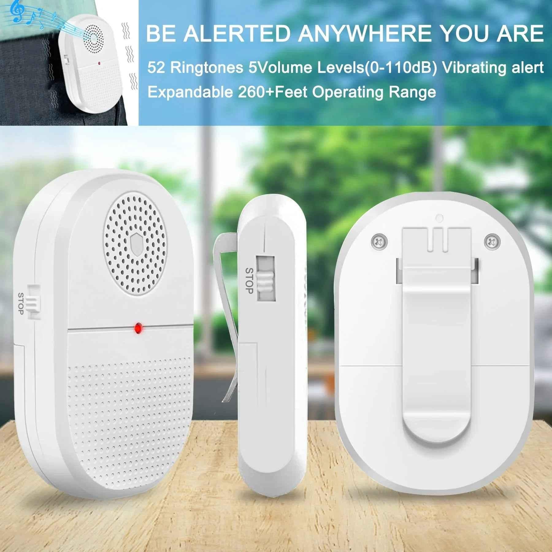 Eldertech wireless caregiver pager with motion sensor alert, showing a compact device with alert buttons and motion detection features.