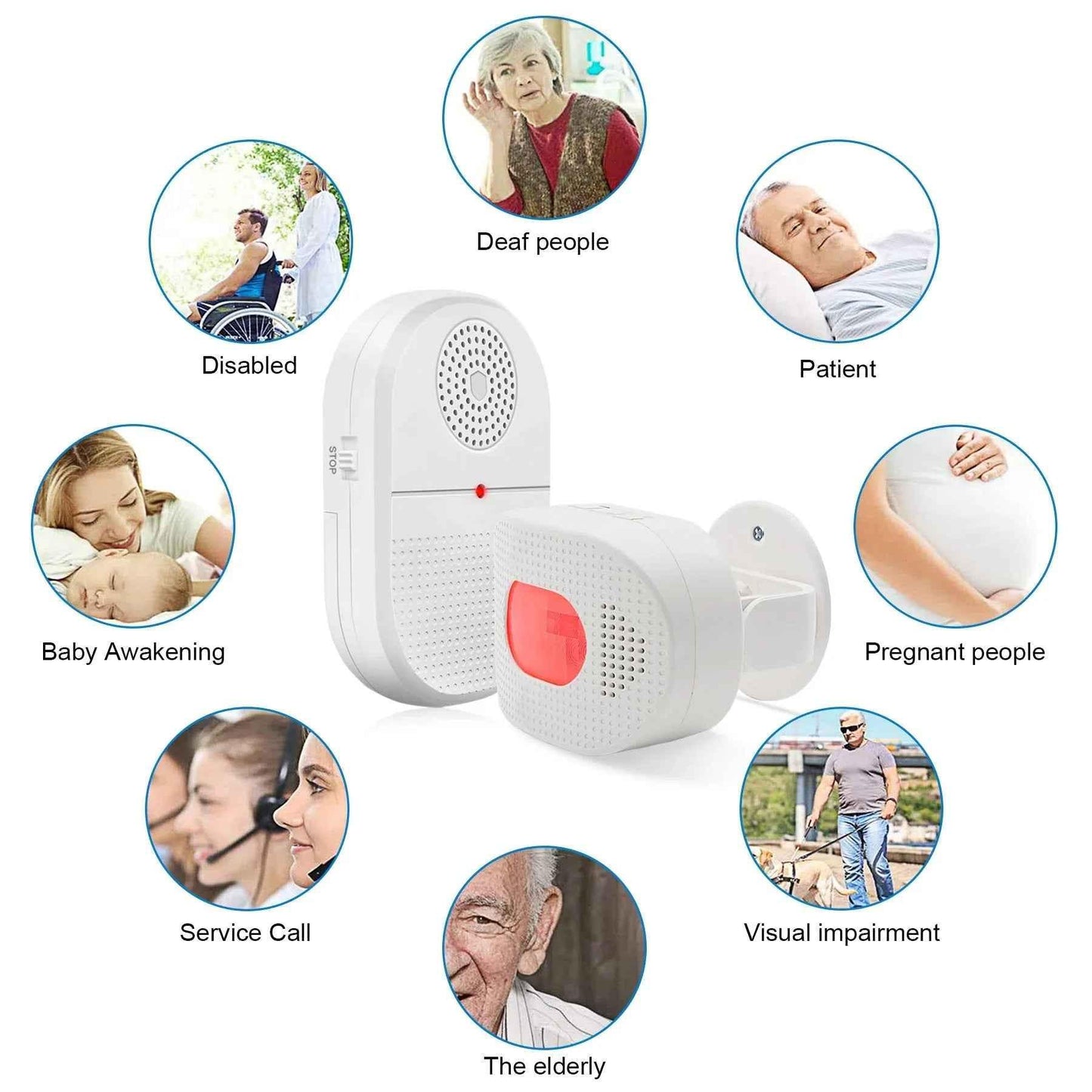 Eldertech wireless caregiver pager with motion sensor alert, showing a compact device with notification buttons and motion detection sensor