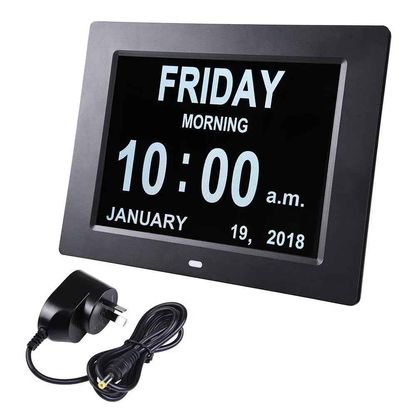Black 8-inch digital calendar day clock by Eldertech, designed for dementia and Alzheimer’s patients, showing date and day display.