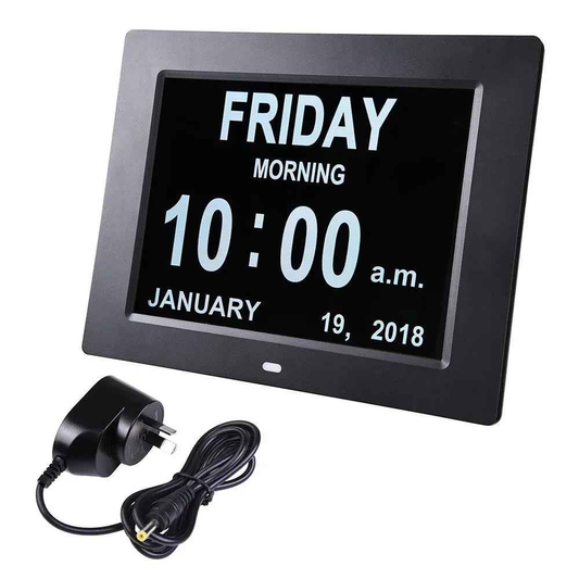 Black 8-inch digital calendar day clock by Eldertech, designed for dementia and Alzheimer’s patients, showing date and day display.