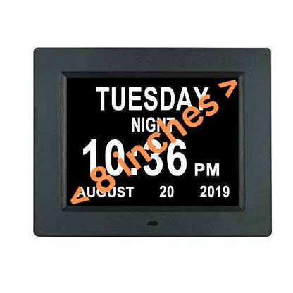 Black 8-inch digital calendar day clock by Eldertech, designed for dementia and Alzheimer’s patients, displaying date and day.