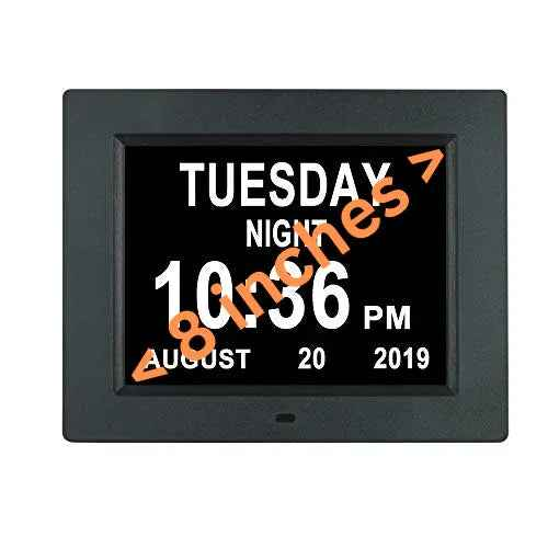 Black 8-inch digital calendar day clock by Eldertech, designed for dementia and Alzheimer’s patients, displaying date and day.