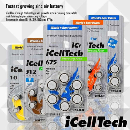 Eldertech hearing aid batteries in brown, small cylindrical batteries for hearing aids, with packaging visible.