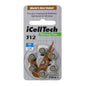 Eldertech hearing aid batteries in brown, small cylindrical power source for hearing aids, shown in a close-up image.
