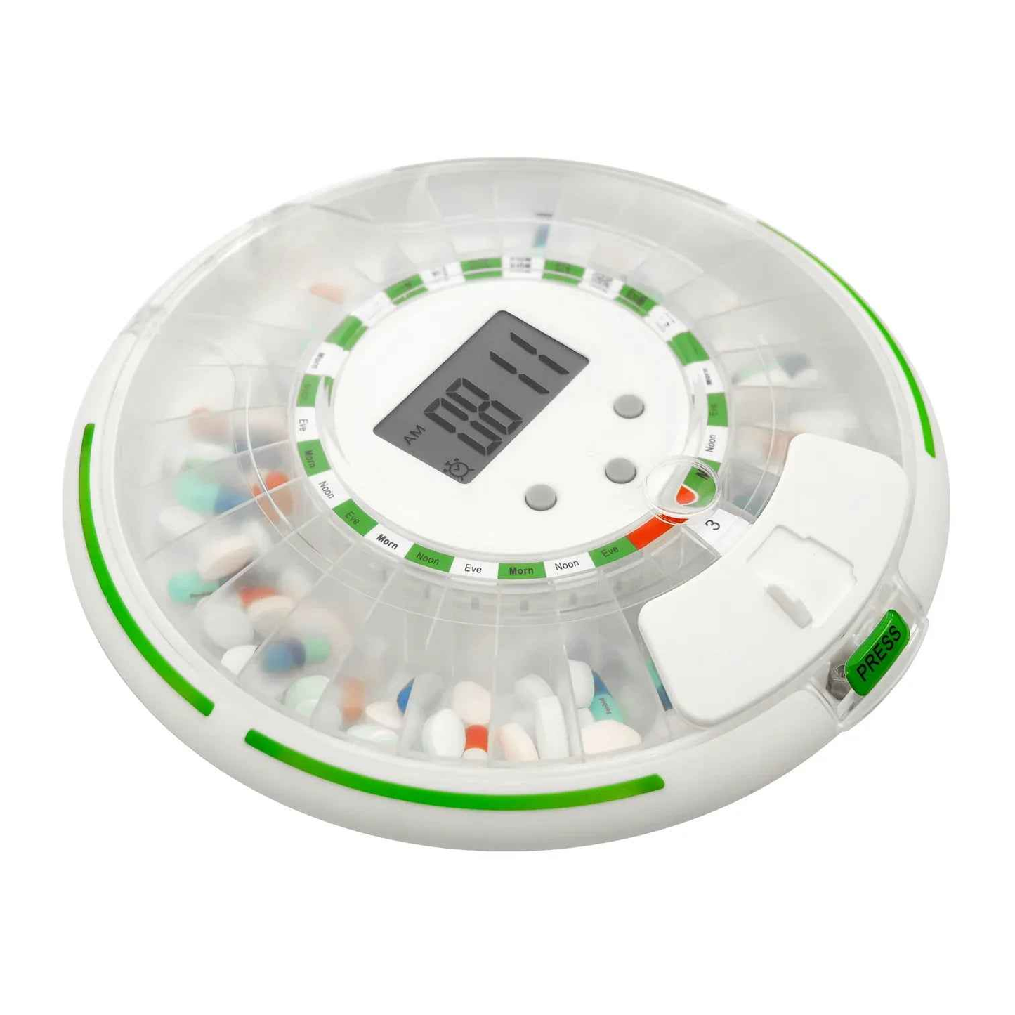 Eldertech automatic pill dispenser for home medication management, featuring a medication reminder and standard version design.
