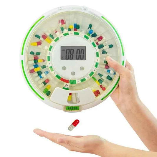 Eldertech automatic pill dispenser for home medication management with digital reminder system and standard design.