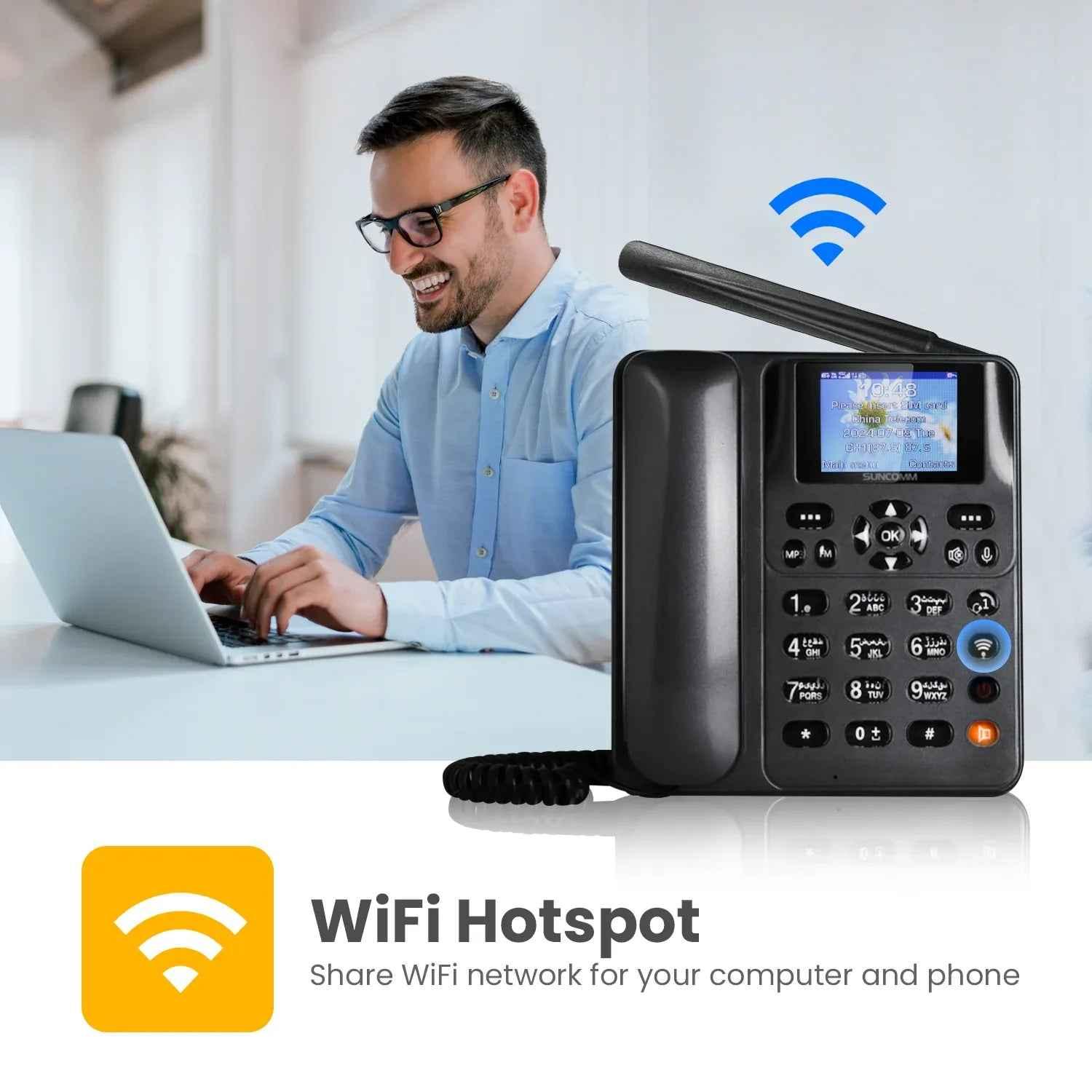 Eldertech Suncomm 4G home telephone for care homes, featuring large buttons and easy-to-use design for reliable communication.
