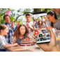 Eldertech Frameo 10-inch smart photo frame displaying a digital photo of a family gathering, with a sleek black border.