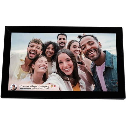Eldertech Frameo 10-inch smart photo frame displaying a slideshow of family photos on a sleek black screen.
