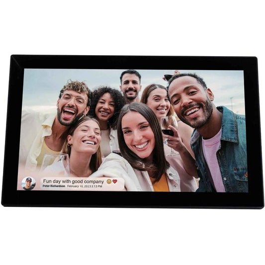 Eldertech Frameo 10-inch smart photo frame displaying a slideshow of family photos on a sleek black screen.