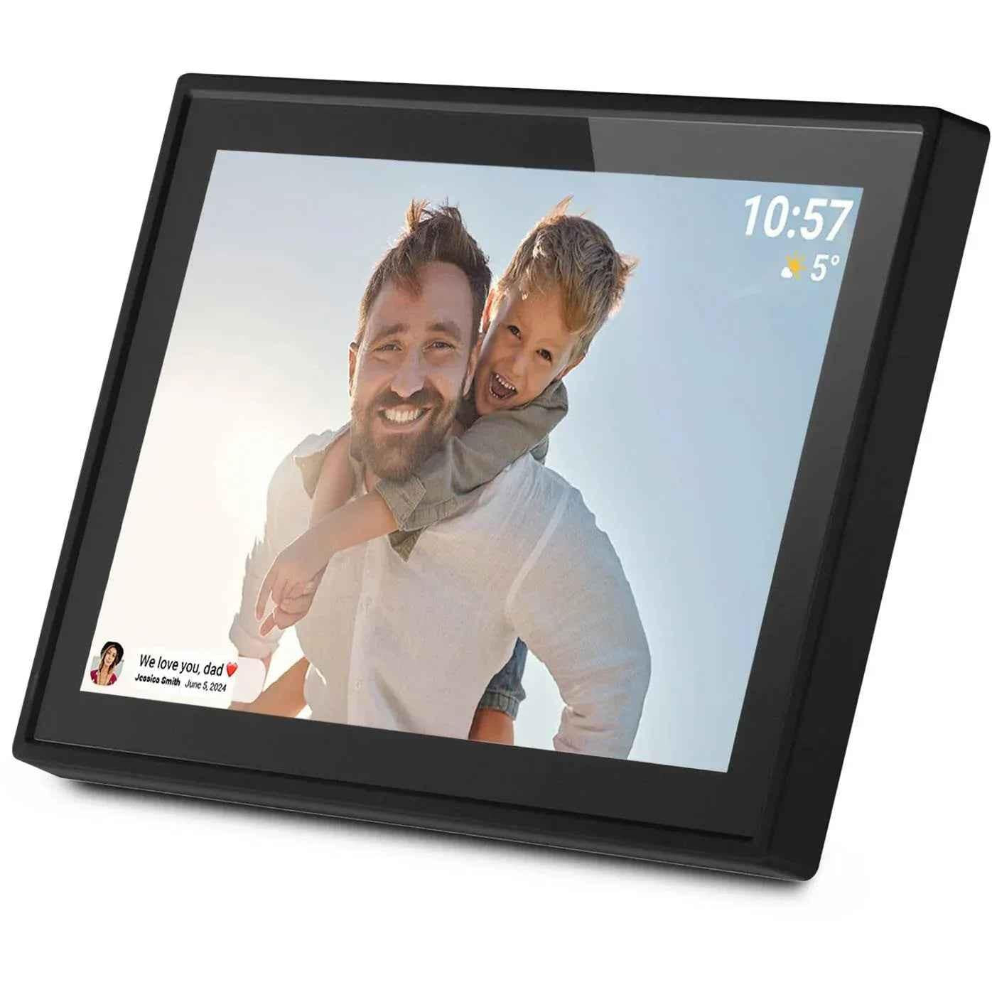 Eldertech Frameo 10-inch smart photo frame displaying a digital photo of family memories in a modern frame design.