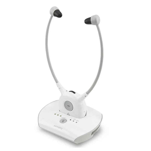 Eldertech wireless TV listener with in-ear headset for hearing difficulties, showing the device and earbuds in use.