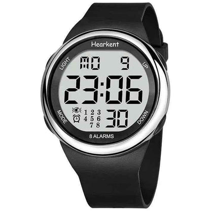 Eldertech Hearkent Atomic Watch in silver with vibrating alarms, showcasing its precise digital display and sleek design.