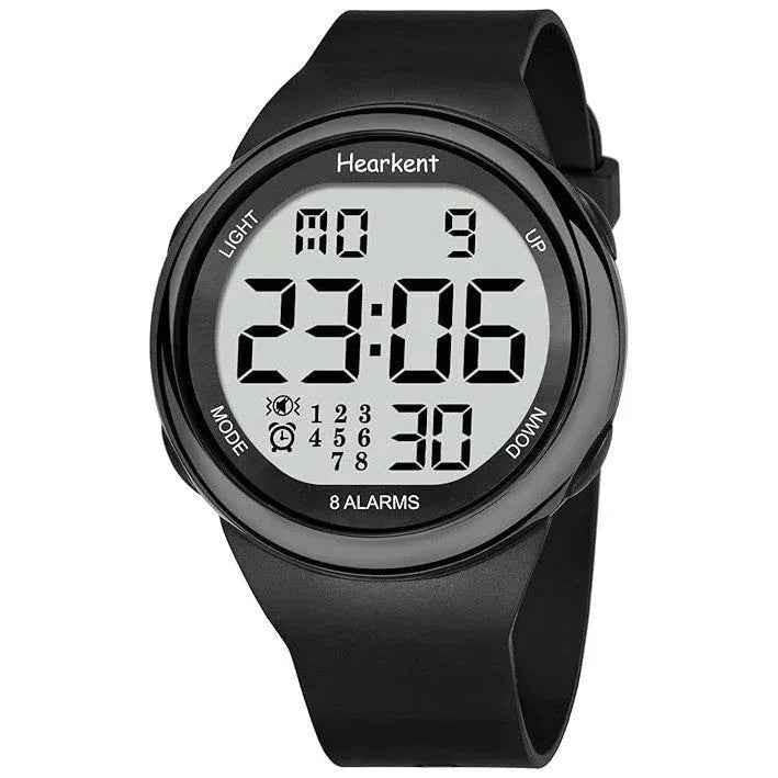 Eldertech Hearkent atomic watch in silver with vibrating alarms, showcasing a sleek watch face and digital display for precision timekeeping.
