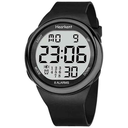Eldertech Hearkent atomic watch in silver with vibrating alarms, showcasing a sleek watch face and digital display for precision timekeeping.
