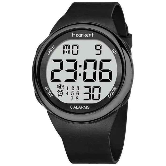 Eldertech Hearkent atomic watch in silver with vibrating alarms, showcasing a sleek watch face and digital display for precision timekeeping.