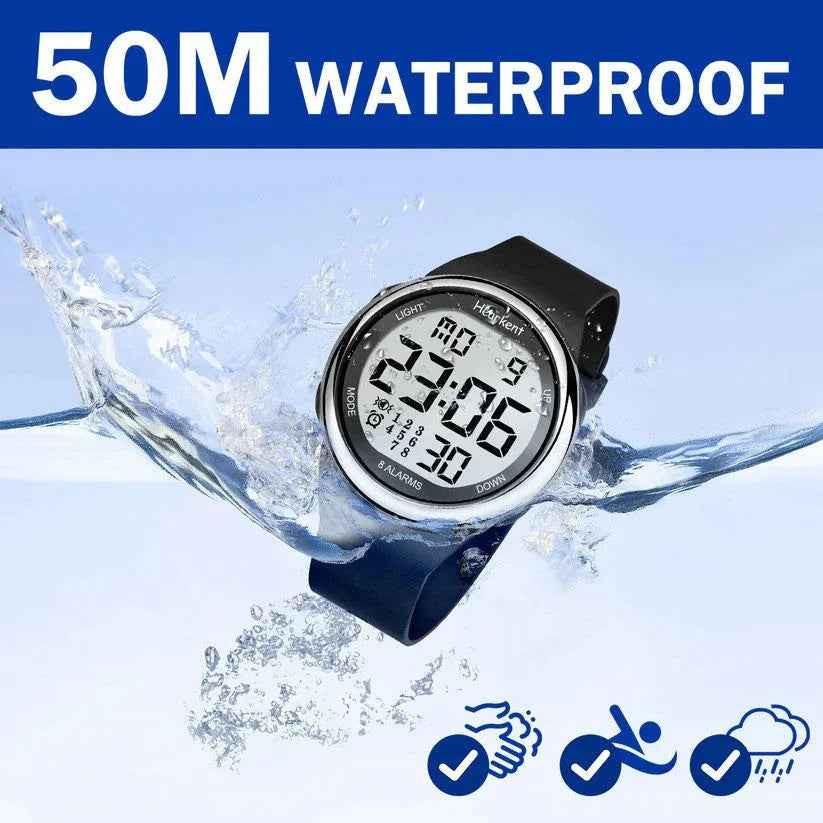 Silver Eldertech Hearkent atomic watch with vibrating alarms, showing digital display and sleek round face for precise timekeeping.