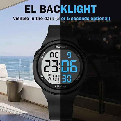 Eldertech Hearkent Atomic Watch in silver with vibrating alarm function, showcasing a sleek watch face and digital display.