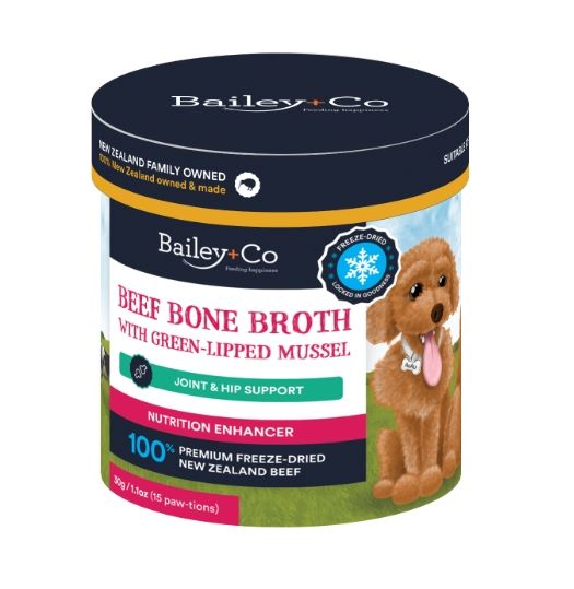 Bailey+Co Beef Bone Broth with Green Lipped Mussel – Joint & Hip support 30 paws 65g Animal Addiction Limited