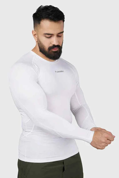 Fuaark Nz Compression Full Sleeves T-shirt 2.0 in white, activewear top with snug fit and moisture-wicking fabric for athletic performance.