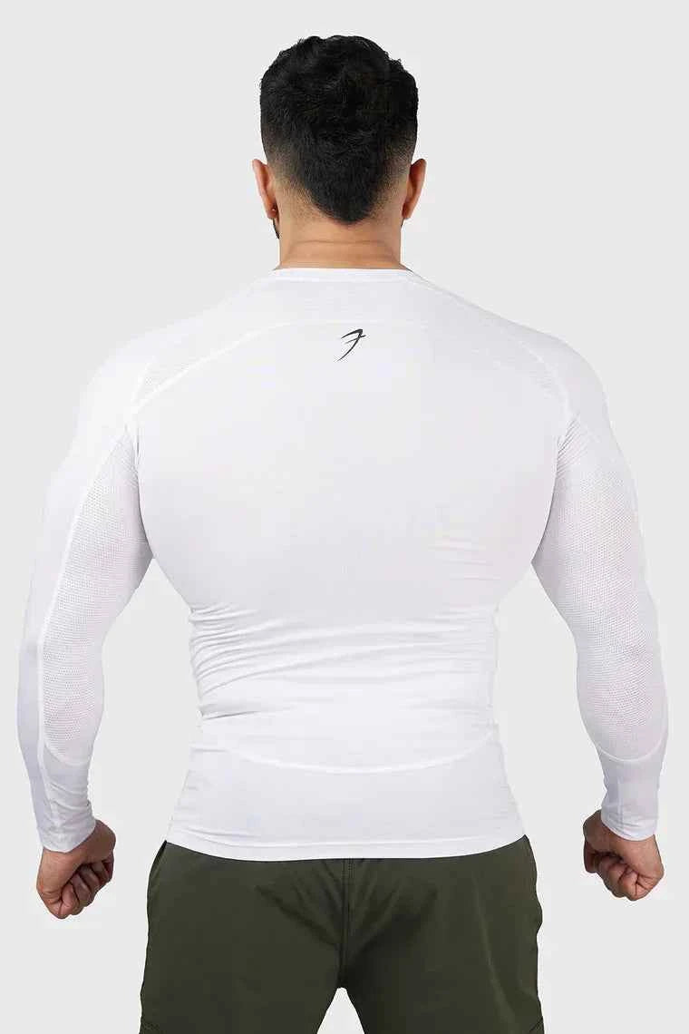 Fuaark NZ Compression Full Sleeves T-shirt 2.0 in white, activewear top with snug fit and moisture-wicking fabric for workout comfort.