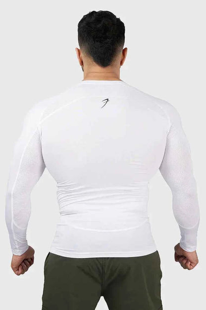Fuaark NZ Compression Full Sleeves T-shirt 2.0 in white, activewear top with snug fit and moisture-wicking fabric for workout comfort.