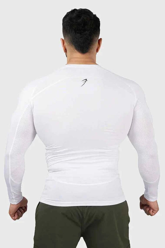 Fuaark NZ Compression Full Sleeves T-shirt 2.0 in white, activewear top with snug fit and moisture-wicking fabric for workout comfort.
