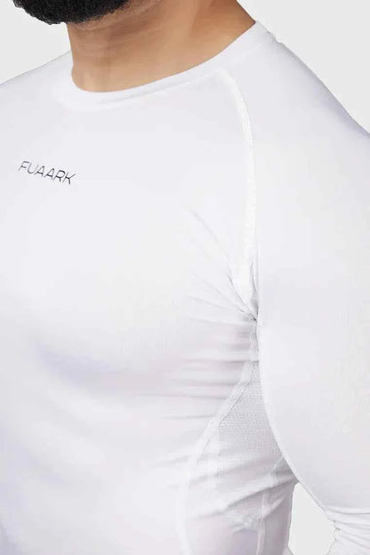 White Fuaark Nz compression full sleeves T-shirt 2.0, activewear top with fitted design and breathable fabric for workout performance.