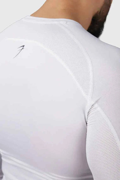 White Fuaark Nz compression full sleeves T-shirt 2.0, activewear top with fitted design and breathable fabric.