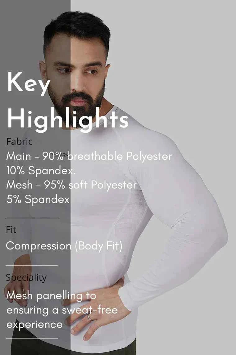 White Fuaark Nz Compression Full Sleeves T-shirt 2.0, activewear top with snug fit and breathable fabric for workout comfort.