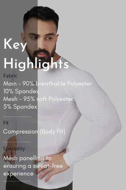 White Fuaark Nz Compression Full Sleeves T-shirt 2.0, activewear top with snug fit and breathable fabric for workout comfort.