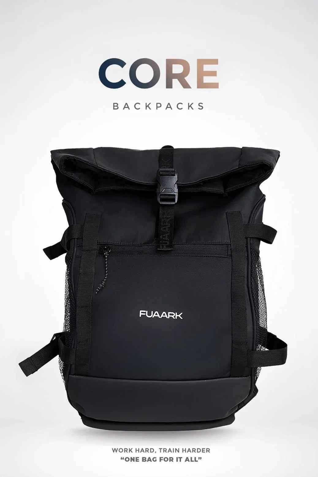 Fuaark Nz Core Black Backpack Bag, stylish and functional for everyday use, featuring multiple compartments and durable design.