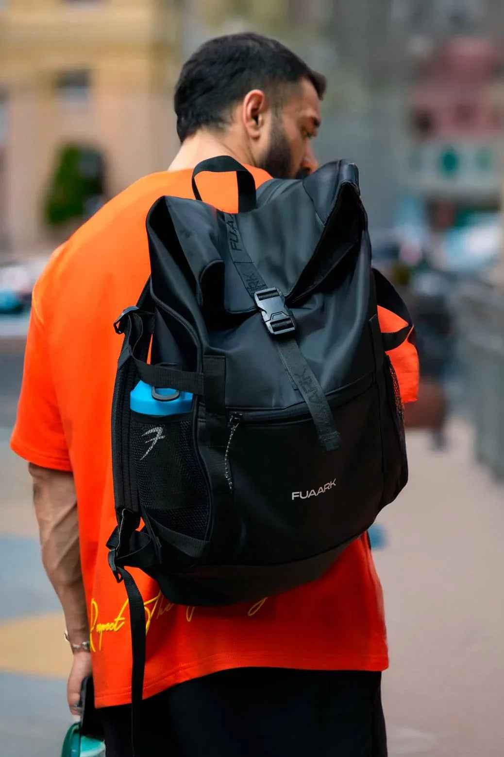 Fuaark Nz Core Black Backpack Bag showing sleek design, adjustable straps, and multiple compartments for everyday use