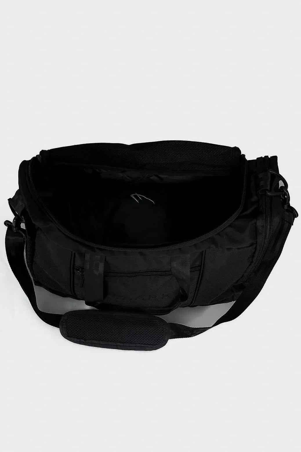 Black Fuaark NZ duffle bag with sturdy handles and spacious interior, ideal for travel and stylish storage.
