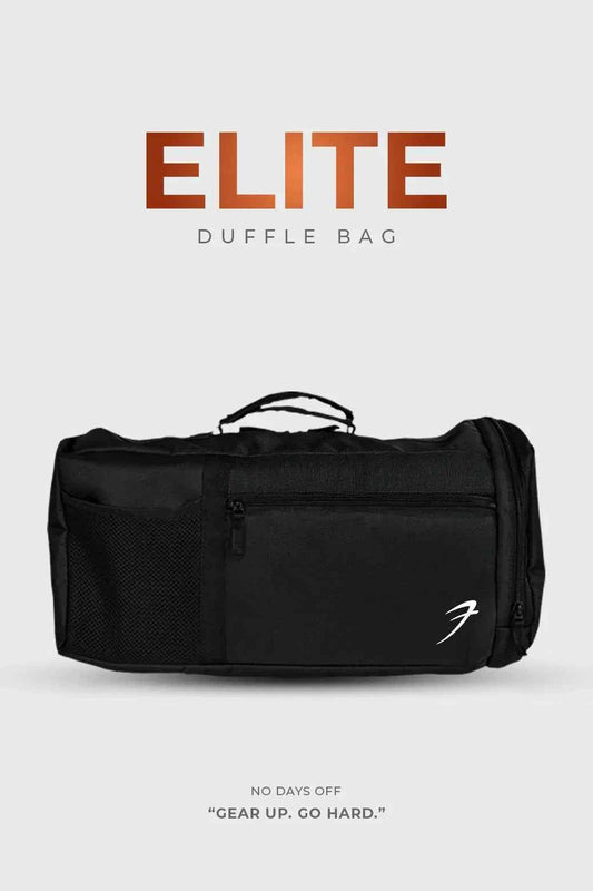 Black Fuaark Nz Elite Duffle Bag with sturdy handles and spacious main compartment for travel or gym use.