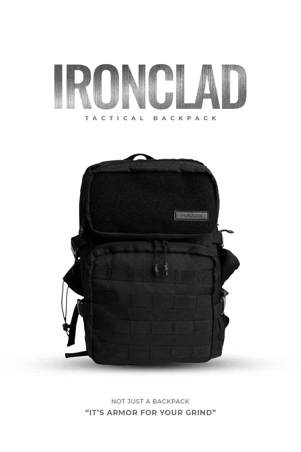 Black Ironclad Tactical Backpack by Fuaark Nz, durable bag with multiple compartments and rugged design for outdoor use.