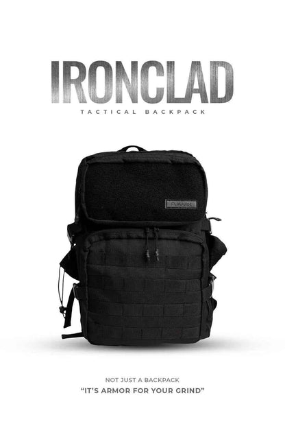 Black Ironclad Tactical Backpack by Fuaark Nz, durable bag with multiple compartments and rugged design for outdoor use.