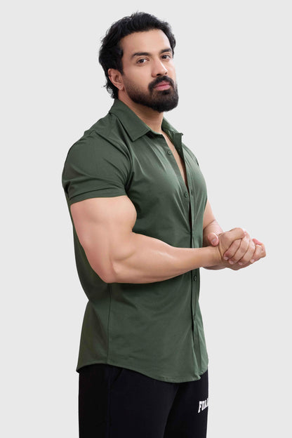 Olive green Aero casual shirt by Fuaark Nz, featuring a comfortable fit and stylish design, shown on a hanger.