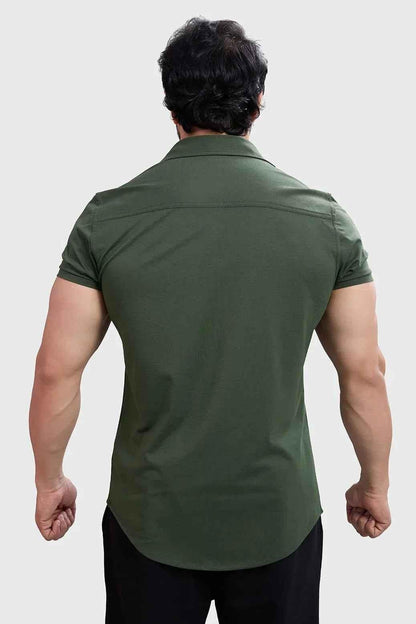Olive green Aero casual shirt by Fuaark Nz, featuring a relaxed fit and lightweight fabric, displayed on a hanger.