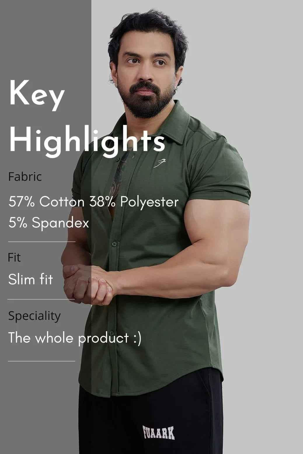 Olive green Fuaark Nz Aero casual shirt with a relaxed fit and button-down collar, shown on a model.
