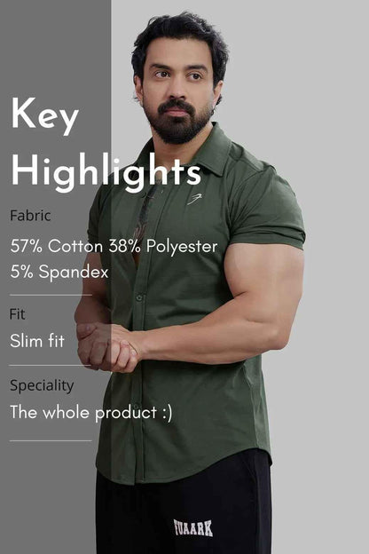 Olive green Fuaark Nz Aero casual shirt with a relaxed fit and button-down collar, shown on a model.