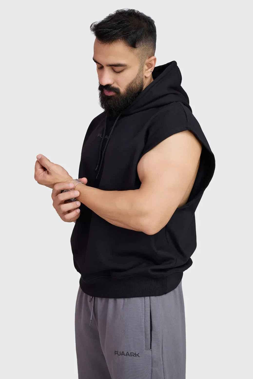 Black Fuaark Nz Signature Cap Sleeves Hoodie, casual hoodie with cap sleeves and a relaxed fit, ideal for comfortable streetwear style.