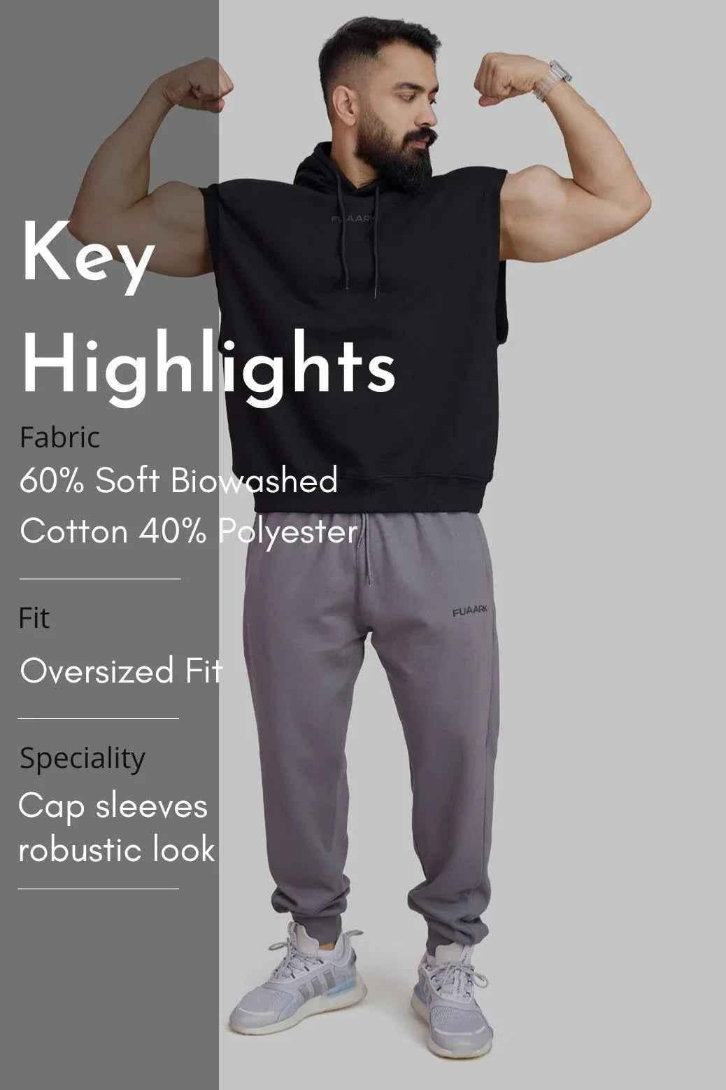 Black Signature Cap Sleeves Hoodie by Fuaark Nz featuring a relaxed fit, soft fabric, and cap sleeve design.