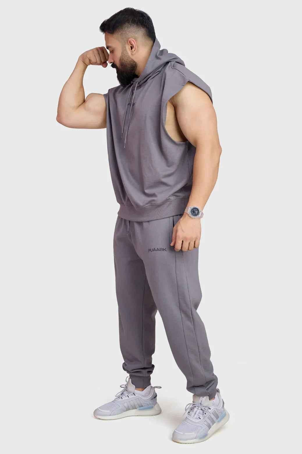 Fuaark NZ Signature dark grey hoodie with cap sleeves, casual hoodie made from soft fabric, front view showing neckline and sleeves.