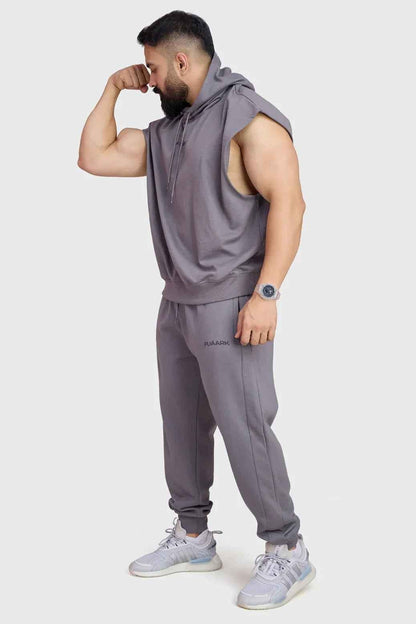 Fuaark NZ Signature dark grey hoodie with cap sleeves, casual hoodie made from soft fabric, front view showing neckline and sleeves.