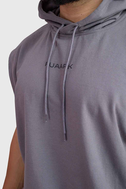 Dark grey Fuaark Nz Signature cap sleeve hoodie with a relaxed fit and soft fabric, shown on a model.