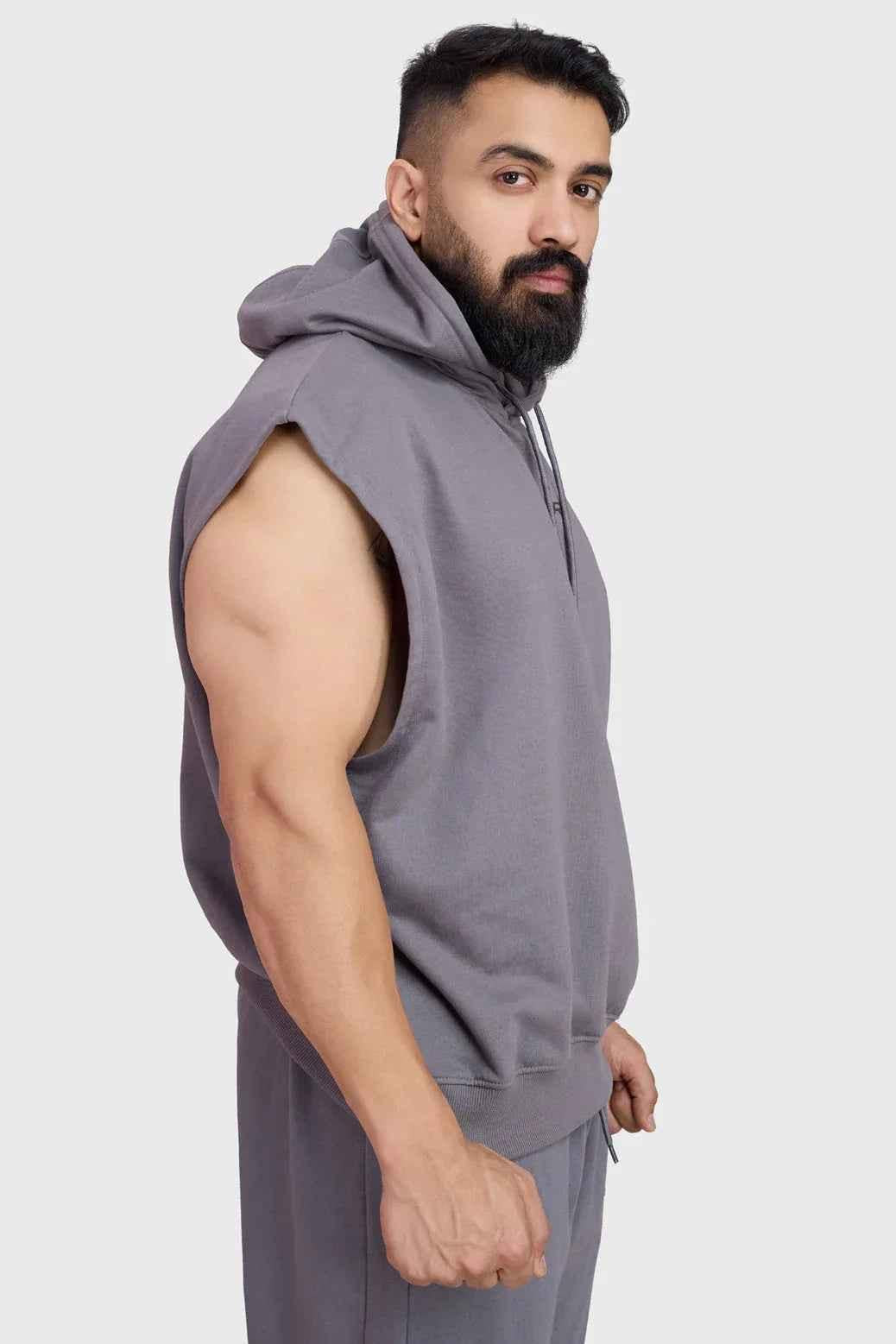 Fuaark NZ Signature Dark Grey Cap Sleeves Hoodie displayed on a model, showcasing casual style and comfortable fit.