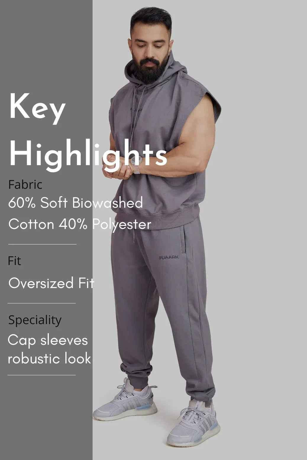 Fuaark Nz signature dark grey hoodie with cap sleeves, casual fit, soft fabric, and stylish design perfect for everyday wear.