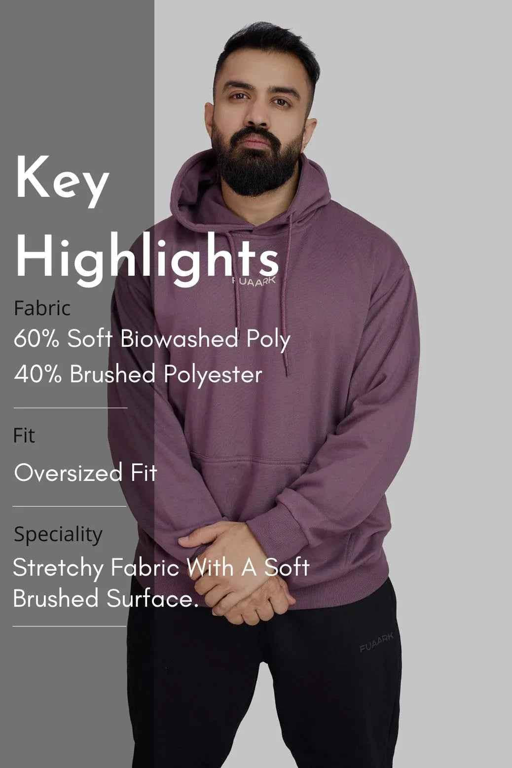 Fuaark Nz Signature Oversized Mauve Hoodie, soft fabric, relaxed fit, casual style, worn by a model.